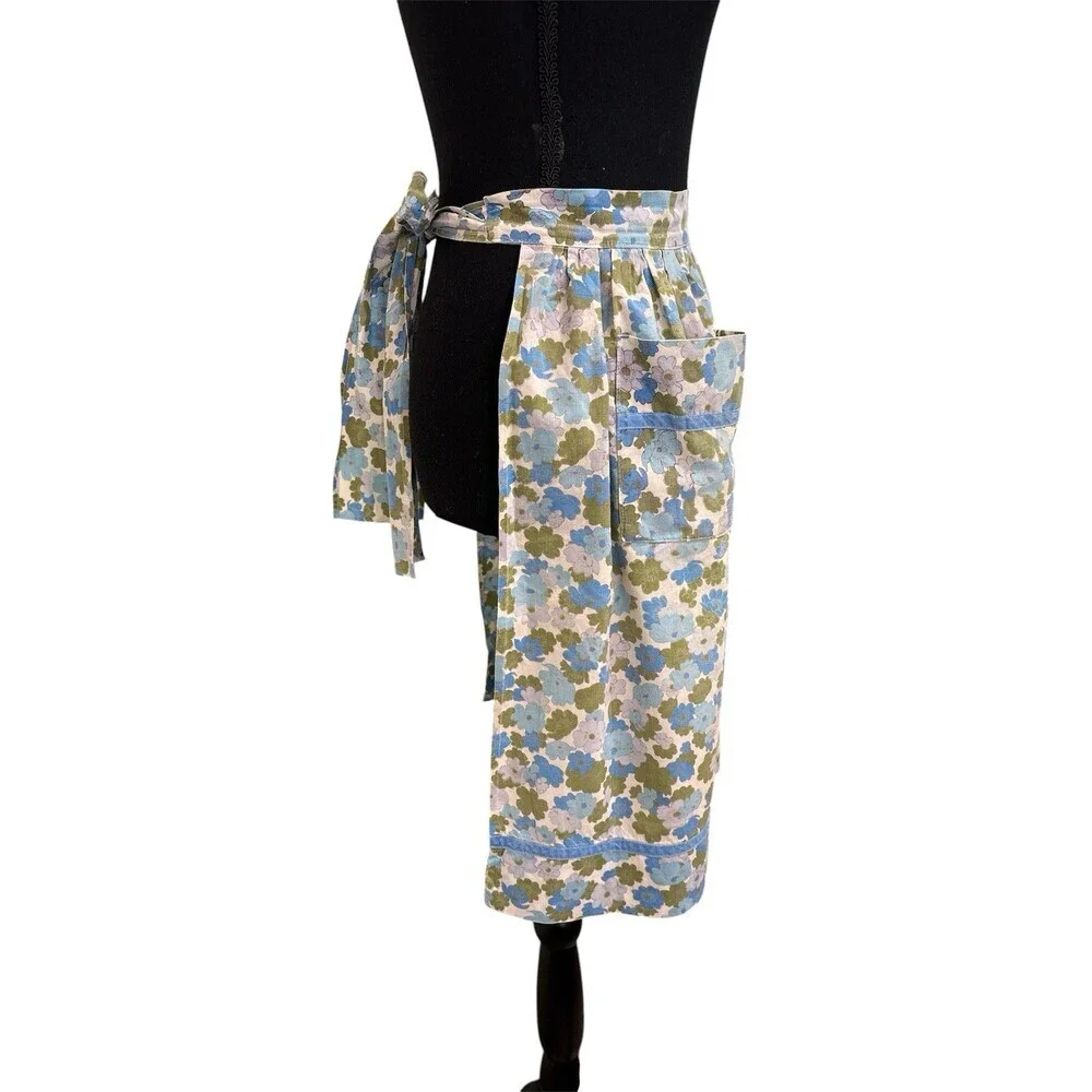 Vintage Handmade Blue And Green Floral Women’s Waist Apron With Pocket